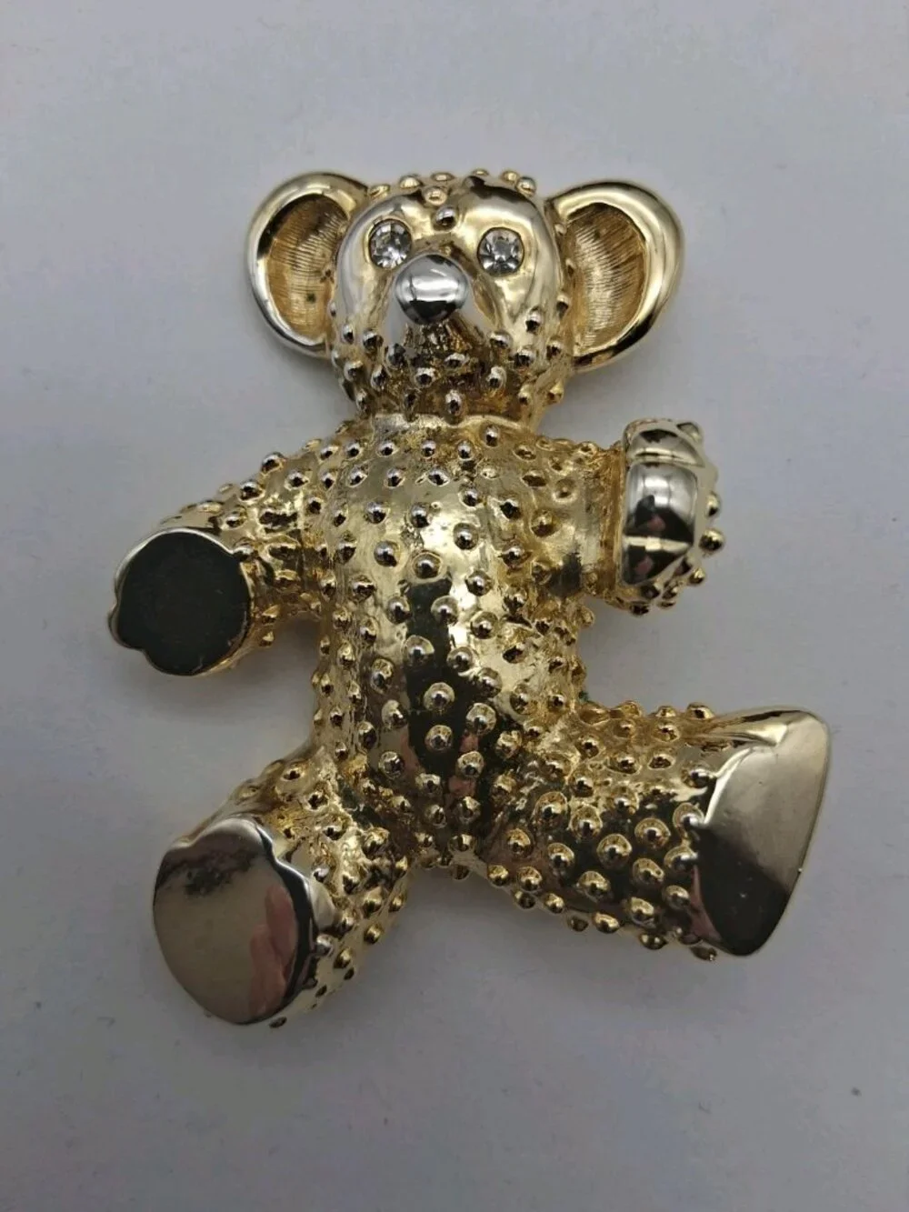 Vintage Teddy Bear Brooch Pin Brushed Gold Rhinestone Crystal Chunky 1980s